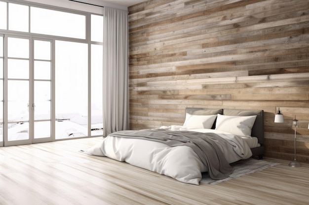 写真 ロフトアパートの木製寝室のモックアップ