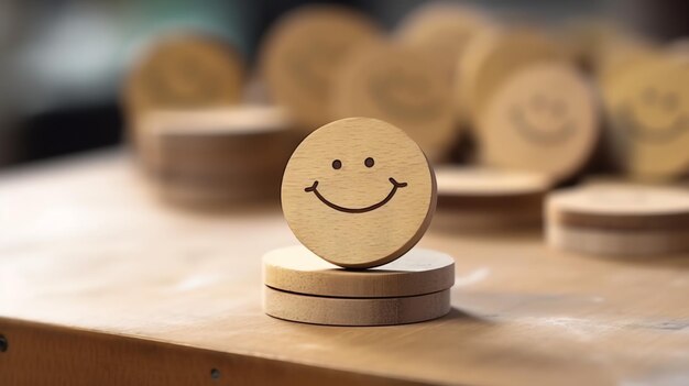 사진 행복한 미소를 지닌 나무 블록 라벨은 좋은 피드백 고객 세계 정신 건강의 날을 맞이합니다.