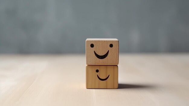 사진 행복한 미소를 지닌 나무 블록 라벨은 좋은 피드백 고객 세계 정신 건강의 날을 맞이합니다.