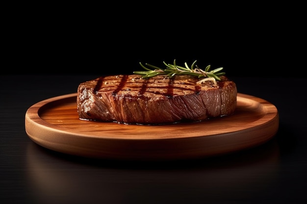 Фото Деревянная доска сочного вкусного стейка из говядины на темном фоне мясное блюдо со специями и травами