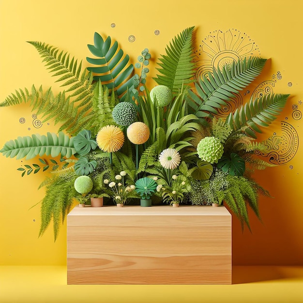 사진 식물과 노란색 배경을 가진 나무 상자