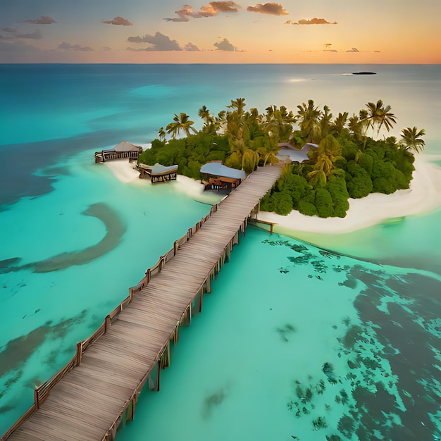 Фото Деревянный мост ведет к пляжу с пальмой на горизонте