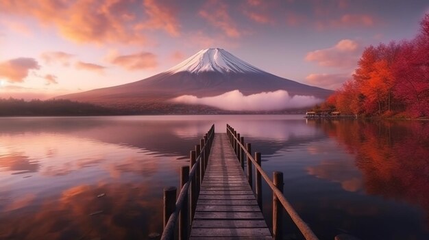 写真 背景に山がある湖の上の木製の橋