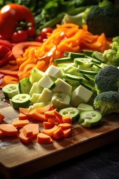 写真 新鮮に切った野菜を展示する木製のカッティングボードレシピ料理ブログ健康的な食事の宣伝に最適です