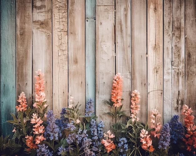 写真 その前に花が飾られた木製のフェンス