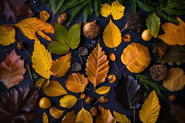 Фото Деревянный стол, покрытый ассортиментом красочных листьев и зрелых фруктов, создающий яркий