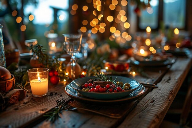 Фото Деревянный стол с тарелками с едой и свечами.