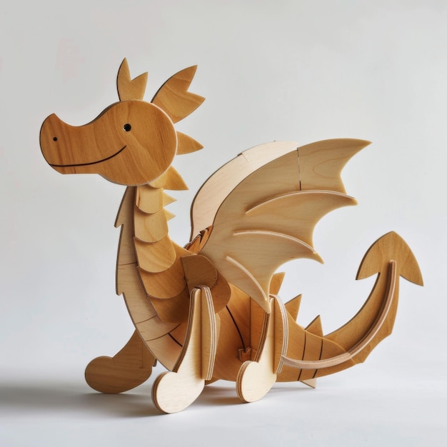 Фото Деревянный игрушечный дракон на плоском белом фоне