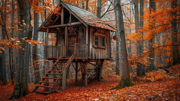 写真 活気のある秋の森に囲まれた木製のツリーハウス