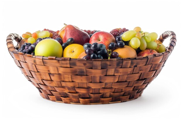 写真 白い上に隔離された果物とベリーを入れた木製の織り物のバスケット
