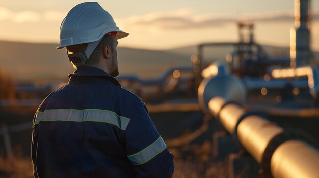 사진 색 하드 을 입은 노동자가 큰 석유 정제 공장 앞에 서 있습니다.