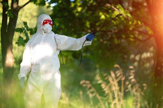 写真 芝生の上の開けた公園で害虫駆除を行う作業員が殺虫剤を散布する