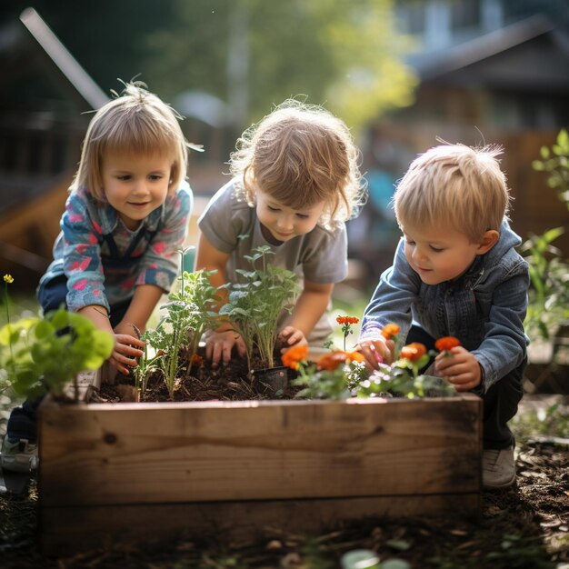 Фото Всемирный день окружающей среды 3-летние дети сажают зеленые растения в деревянную коробку