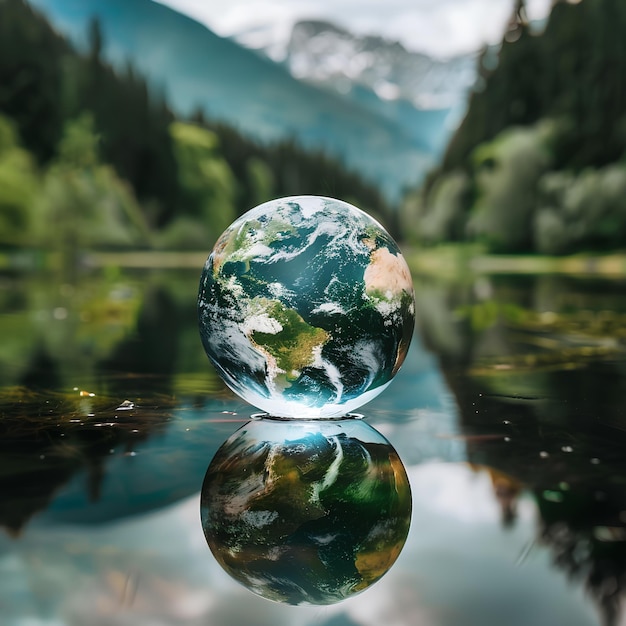 Фото Мир в пузырьке, который отражает воду