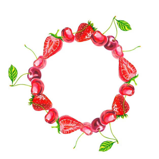 Фото Венок из вишни и клубники сочные ягоды летние ягоды акварельная иллюстрация ягоды витамины