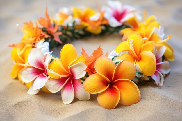 写真 熱帯の葉と花を持つ熱帯の花の花輪。