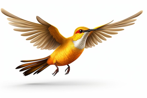 사진 색 배경 앞에 날개가 펼쳐진 노란색과 오렌지색의 새