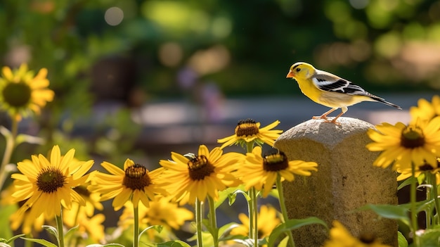 사진 노란 새가 꽃으로 둘러싸인 바위 위에 앉아 있다.
