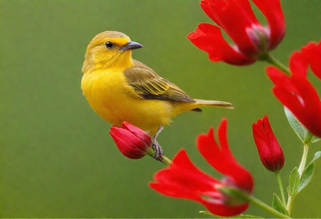 Фото Желтая птица с красным клювом сидит на цвете