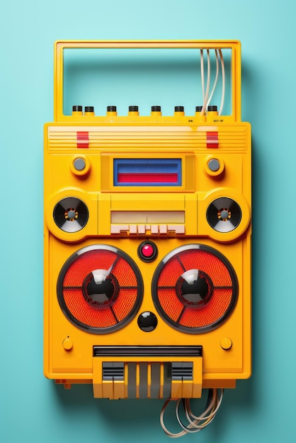 Фото Желтый бумбокс с красными динамиками на синем фоне яркий образ поп-арта
