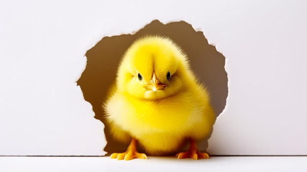 Фото Желтый цыпленок в треснутой раковине на белом фоне генеративный ии