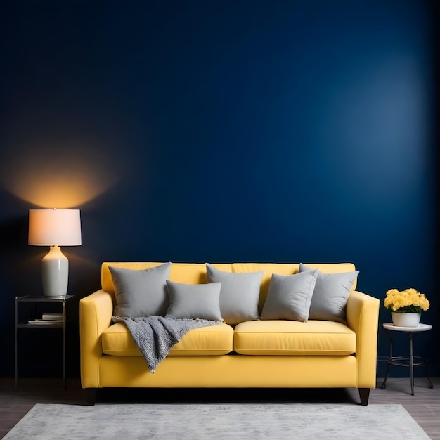 Фото Желтый диван с серыми подушками и синей стеной позади.