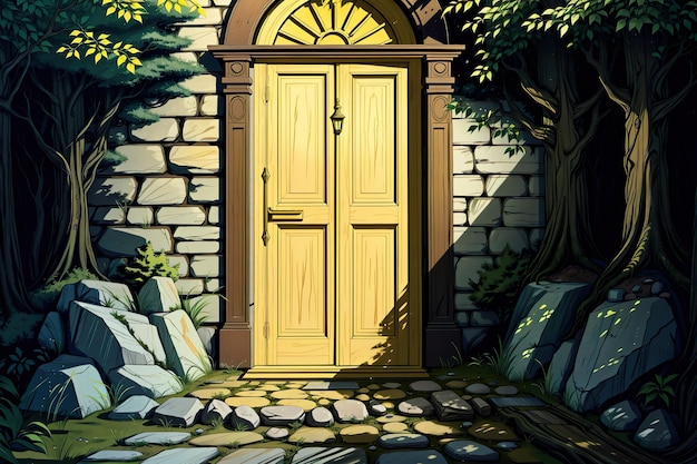 Фото Желтая дверь, темный лесной массив