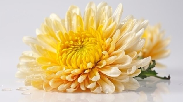 写真 白い中心を持つ黄色い花が白い表面に横たわっています。