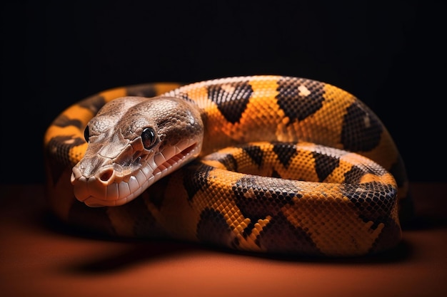 写真 黒い背景に黄色のニシキヘビ