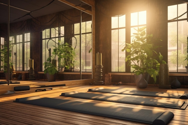 Фото Студия йоги с ковриками и растением в горшке, подходящим для концепций здоровья и фитнеса