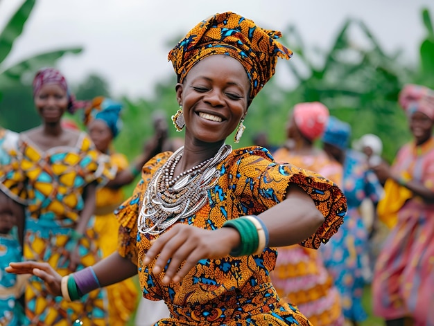 사진 밝은 옷 과 보석 을 입은 젊은 아프리카 여성 이 전통 춤 을 춤추고 있다