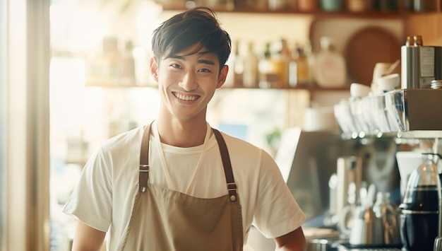 사진 색 셔츠 와 밝은 갈색 의 치마 를 입은 젊은 아시아인 이 밝은 커피 에 서 있는 동안 미소 짓고 있다