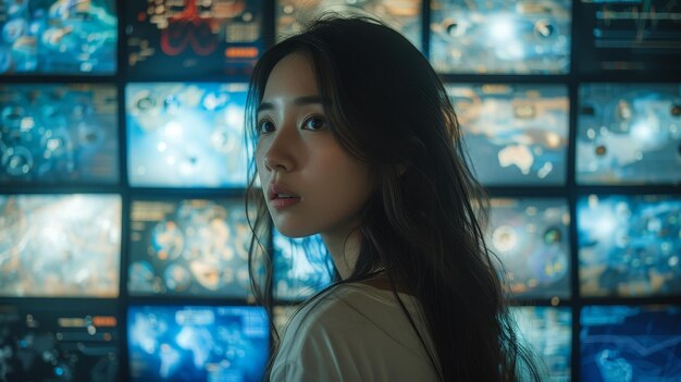 写真 アジアの若い女性がホログラム画面を見ています ビジネスで使用される技術です