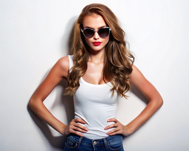 Фото Красивая молодая девушка с фотосессией в солнцезащитных очках