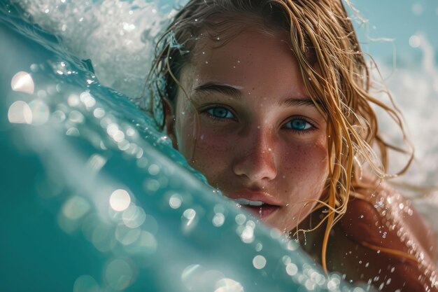 Фото Красивая молодая женщина наслаждается ездой на огромных океанских волнах на своей доске для серфинга