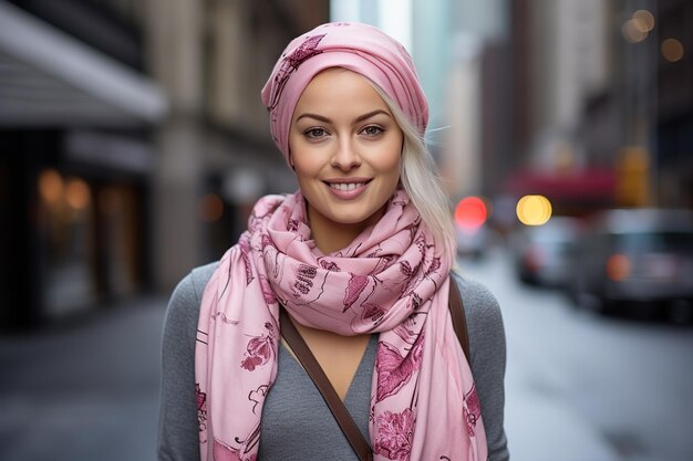 Фото Молодая красивая женщина в розовом шарфе.