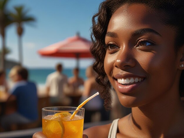 Фото Молодая чернокожая женщина улыбается и держит стакан апельсинового сока с соломинкой