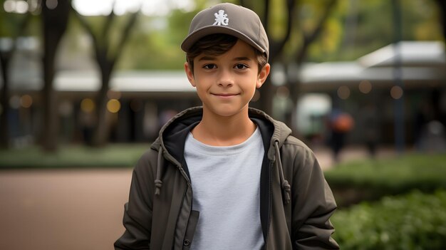 Фото Молодой мальчик в современном городском парке, одетый в повседневную одежду.