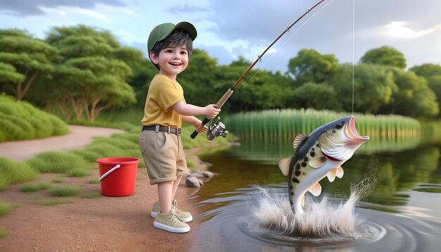 사진 한 어린 소년은 호수 에서 흥분한 물고기를 잡고 은 버 근처의 물에서 점프하는 물고기를 끌고 있습니다.