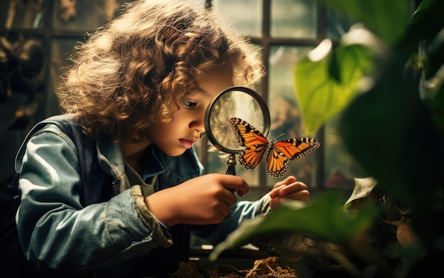 Фото Молодой мальчик-исследовательская бабочка через увеличительное стекло