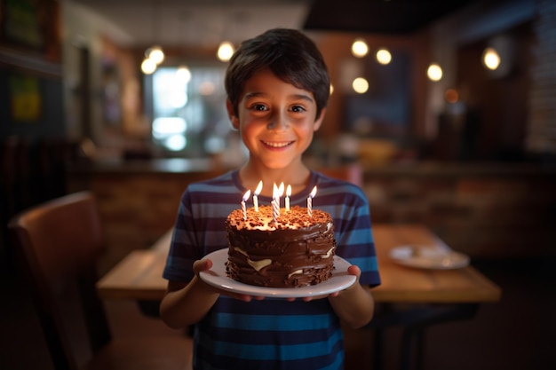 Фото Молодой мальчик с шоколадным тортом на день рождения с зажженными свечами празднование дня рождения генеративный ии