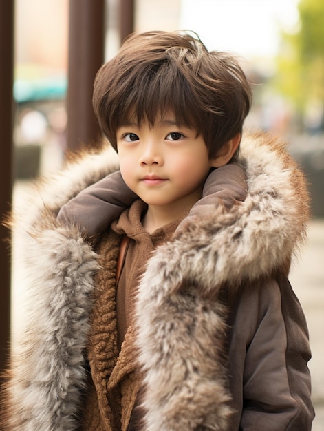 写真 日焼けしたコートを着た少年