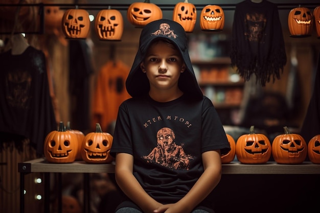 사진 한 소년 은 할로윈 테마 의 티셔츠 를 입고 있다