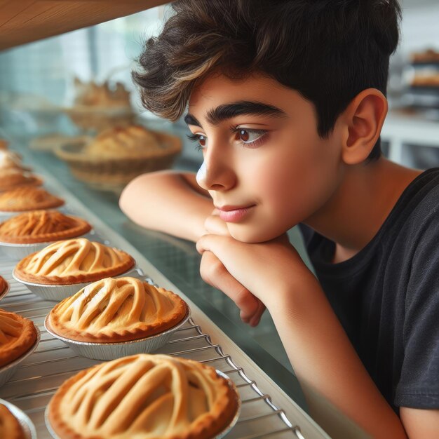 写真 ハッサンという若い少年がパン屋のリンゴパイを憧れながら見ています