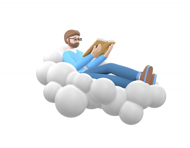 Фото Молодой веселый парень с бородой в очках в небе на облаке читает книгу