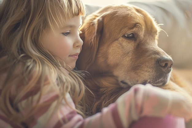 写真 幼い女の子が彼女の動物犬親友ペットと一緒に家にいます