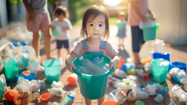 写真 幼い子供がプラスチック廃棄物の分類とリサイクルを学んでいる