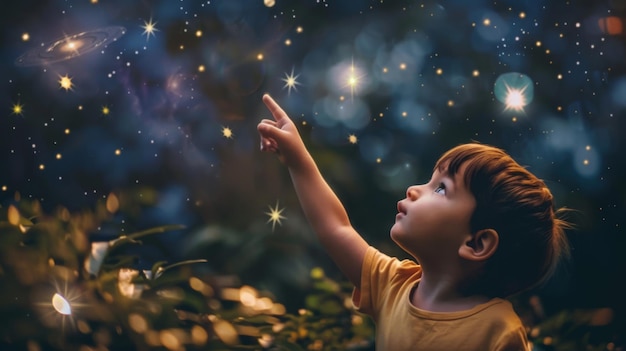 사진 천문학 을 배우고 있는 어린 아이 가 밤 하늘 을 흥분 하게 가리키고 있다