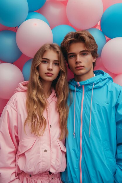 Фото Молодая пара на фоне розовых и синих воздушных шаров