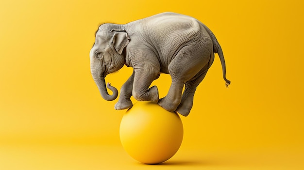 Фото Молодой слон балансирует на желтом шаре. фон ярко-желтого цвета. слон выглядит так, как будто веселится.